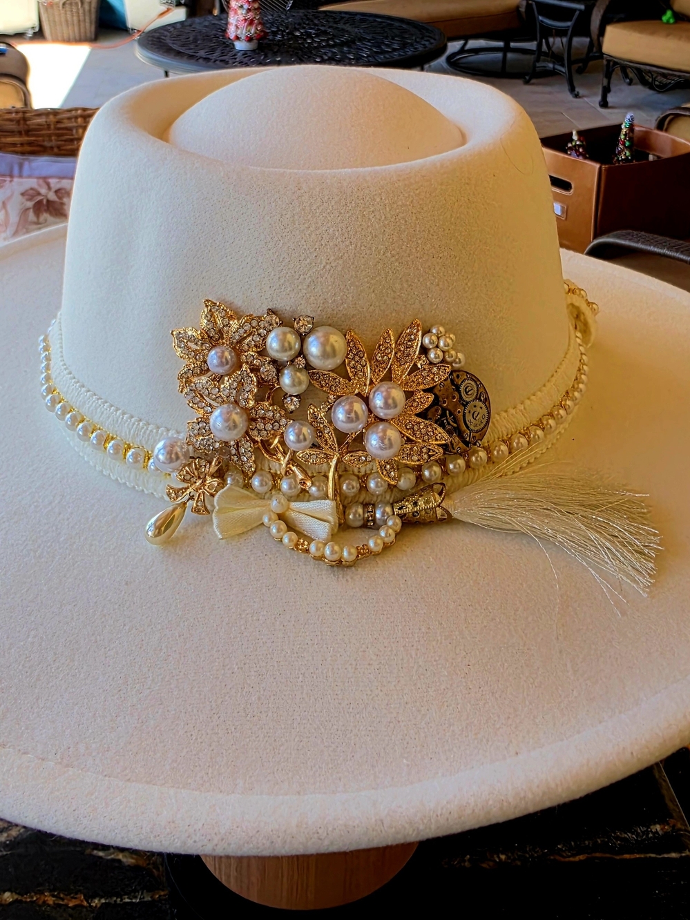 Elegant Cream Fedora Hat with Pearl & Gold Floral Jewlery Embelishments